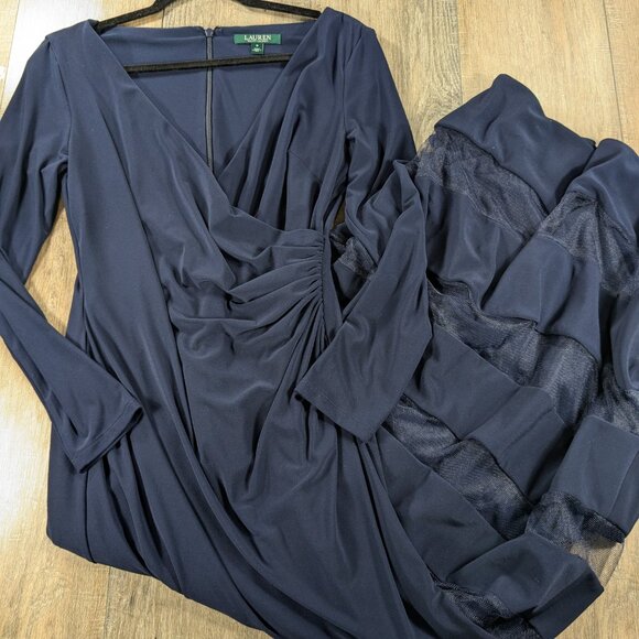 Lauren Ralph Lauren Evening Gown Dress Womens 8 Blue Mesh Tiered Long Sleeve - Picture 1 of 9